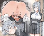  1girl ? anus arms_under_breasts ass bar_censor black_jacket black_skirt blue_eyes blue_ribbon blush breasts censored commentary_request female_masturbation fingering fingernails grey_hair highres hypnosis jacket large_breasts looking_at_viewer masturbation mind_control moaning mole mole_under_eye no_panties original pointless_censoring pussy pussy_juice pussy_juice_on_fingers ribbon shirt skirt solo sute_hune sweat translation_request white_shirt 