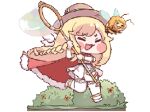  1girl :3 animated animated_gif artist_request bee blonde_hair blush_stickers braid bug bush butterfly_net cape chibi chibi_only closed_eyes closed_mouth detached_wings dress erpin_(trickcal) fangs fur-trimmed_cape fur_trim garter_straps grass hand_net hat holding holding_butterfly_net loading_screen long_hair looping_animation lowres official_art open_mouth red_cape running side_braid smile solo thighhighs transparent_background trickcal very_long_hair white_dress white_thighhighs wings 