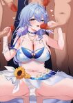  1girl 4boys :d ayomo_ro barefoot bikini blue_hair blush breasts censored choker cleavage clothed_female_nude_male collarbone commentary_request cross-laced_bikini cross-laced_clothes double_handjob face_jewel facial_mark fivesome flower flower_trim gangbang green_eyes group_sex hair_between_eyes hair_ornament halo halo_behind_head handjob happy_sex head_wings heart heart_facial_mark hetero highres honkai:_star_rail honkai_(series) jewel_under_eye jewelry large_breasts long_hair looking_at_viewer mark_under_eye mosaic_censoring multiple_boys navel necklace nude o-ring o-ring_bikini o-ring_top official_alternate_costume open_mouth penis print_bikini purple_choker ring_light_reflection robin_(honkai:_star_rail) robin_(summeretto)_(honkai:_star_rail) sarong smile solo_focus spread_legs squatting star_(symbol) star_print star_print_bikini starfish_hair_ornament sunflower surrounded_by_penises sweat swimsuit tiptoes very_long_hair white_bikini white_sarong white_wings wings 