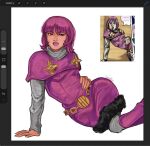  1girl arm_support belt bodysuit boots breasts capelet comic_panel_redraw commentary cookietellarts derivative_work dress english_commentary flower_ornament fur-trimmed_dress fur_trim gold_belt gold_flower grey_bodysuit hand_on_own_hip hot_pants_(sbr) jojo_no_kimyou_na_bouken leaning_to_the_side leg_warmers looking_at_viewer lying makeup on_side parted_lips pink_capelet pink_dress pink_eyes pink_hair pink_leg_warmers pink_lips reference_inset short_hair signature simple_background solo steel_ball_run striped_bodysuit white_background 