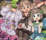  3girls arm_up armpit_crease artist_self-insert balloon belt black_bow black_nails black_sclera black_skirt blue_eyes blue_overalls blue_tongue blunt_bangs bow bowtie bracelet brown_eyes brown_hair brown_pantyhose brown_sailor_collar cardigan chipped_tooth clenched_hands colored_sclera colored_skin colored_tongue commentary english_commentary fang freckles frog_hair_ornament fur-trimmed_cardigan fur_trim girutea green_eyes green_shirt grey_skin hair_bobbles hair_ornament hairclip happy_new_year hashtag highres indie_virtual_youtuber jewelry jumping kumo_kuddelmuddel lily_hopkins looking_at_viewer multicolored_eyes multiple_girls open_mouth original overalls pantyhose pink_bow pink_bowtie pink_cardigan pointy_ears red_shoes sailor_collar school_uniform serafuku shirt shoes short_eyebrows short_hair short_sleeves shorts signature skirt sleeveless sleeveless_shirt swept_bangs teeth thick_eyebrows tongue twintails upper_teeth_only v virtual_pet_(toy) virtual_youtuber white_serafuku yellow_eyes 