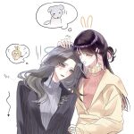  2girls ? chiikawa closed_eyes colored_inner_hair commentary_request curtained_hair dog fingernails frilled_shirt_collar frills gl_binhwa hair_ornament hair_over_shoulder hairclip hand_on_another's_head highres korean_text lapels lips long_hair long_sleeves love_curse:_find_your_soulmate multicolored_hair multiple_girls open_mouth parted_lips pink_hair purple_hair selene_yan shawl_lapels short_side_ponytail side_ponytail simple_background smile speech_bubble thought_bubble translation_request turtleneck upper_body usagi_(chiikawa) victoria_qi white_background yuri 