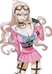  1girl antenna_hair barbed_wire belt blonde_hair blue_eyes blush breasts choker commentary_request danganronpa_(series) danganronpa_v3:_killing_harmony fingerless_gloves gloves goggles goggles_on_head hair_between_eyes iruma_miu large_breasts long_hair long_sleeves narrow_hips o-ring o-ring_belt open_mouth pink_serafuku pink_shirt pointing pointing_at_self school_uniform serafuku shiiwashi shirt skirt smile teeth tongue tongue_out 
