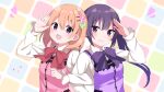  2girls :d bow bowtie collared_shirt commentary_request flower gochuumon_wa_usagi_desu_ka? hair_flower hair_ornament hairclip hand_up highres hoto_cocoa locked_arms long_hair long_sleeves looking_at_viewer medium_hair moeruru8812 multiple_girls open_hand orange_hair parallel_hairclips pink_flower pink_vest purple_bow purple_eyes purple_hair purple_vest rabbit_house_uniform red_bow red_bowtie salute shirt smile tedeza_rize twintails upper_body vest white_shirt wing_collar winter_uniform yuri 