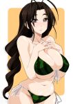  1girl alternate_breast_size_(larger) antenna_hair bikini breasts breasts_squeezed_together brown_eyes brown_hair commentary_request food_print fruit_print green_bikini highres ichijou_takakiyo large_breasts long_hair looking_at_viewer love_hina otohime_mutsumi own_hands_together parted_bangs plump side-tie_bikini_bottom smile solo standing string_bikini swimsuit watermark watermelon_print 