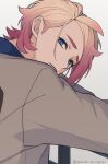  1boy blonde_hair blue_eyes blue_shirt brown_jacket closed_mouth collared_shirt frown gradient_hair hair_behind_ear highres jacket long_sleeves looking_at_viewer looking_back male_focus multicolored_hair parted_hair pink_hair pokemon pokemon_legends:_z-a sanae-aragaki shirt short_hair simple_background solo twitter_username urbain_(pokemon) white_background 