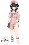  1girl arm_warmers arms_at_sides astrae_oratio asymmetrical_legwear bags_under_eyes black_collar black_hair brown_eyes character_request closed_mouth collar dress expressionless feet_out_of_frame fishnet_socks fishnets flat_color groin haibara_nono hat highres holding_own_leash leash looking_at_viewer mismatched_legwear nurse nurse_cap pink_dress porroll short_hair short_sleeves simple_background single_arm_warmer sketch socks solo white_background 