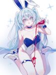  1girl alcohol ameme_haryuu animal_ears arm_support belt black_choker black_leotard blue_eyes blue_hair breasts choker collarbone commentary_request cup drinking_glass fake_animal_ears full_body gloves hatsune_miku high_heels highres holding holding_cup leotard long_hair multicolored_leotard nontraditional_playboy_bunny o-ring o-ring_belt rabbit_ears shoulder_tattoo sitting solo spilling tattoo thigh_belt thigh_strap twintails two-tone_leotard very_long_hair vocaloid wariza white_gloves white_leotard wine wine_glass 