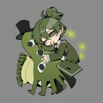  1boy ascot chibi closed_mouth coat collared_shirt commentary dress_shirt floor_of_art's_glowing_creature folded_ponytail full_body green_coat green_hair grey_background hat highres hug lapels library_of_ruina long_hair long_sleeves looking_at_viewer lying male_focus netzach's_painting netzach_(project_moon) on_side one_eye_closed pants pillow project_moon shirt simple_background smile solo top_hat very_long_hair white_shirt zomerm 