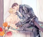  2boys abs absurdres arm_up armor bath blonde_hair breastplate brown_hair bud closed_eyes closed_mouth collarbone commentary_request curtains faulds flower flower_request gauntlets greaves hand_on_another's_shoulder hand_on_another's_wrist hans_capon henry_of_skalitz highres kingdom_come:_deliverance kingdom_come:_deliverance_ii kiss knight korean_commentary male_focus marigold multiple_boys nearest_s nude orange_flower partially_submerged pectorals petals plate_armor red_flower short_hair very_short_hair water wet yaoi 