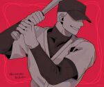  1boy arms_up baseball_bat baseball_cap baseball_uniform batting_stance commentary_request covered_eyes from_side greyscale_with_colored_background grin hat holding holding_baseball_bat layered_clothes layered_sleeves long_sleeves male_focus metal_baseball_bat off_(game) profile red_background seikoo_caffeine short_hair short_over_long_sleeves short_sleeves smile solo sportswear the_batter_(off) translation_request upper_body v-neck very_short_hair 
