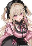 1girl :3 absurdres black_bow black_collar black_gem black_hairband black_skirt black_trim blonde_hair bow bow_earrings collar collar_tug commentary_request criss-cross_straps double-parted_bangs earrings frilled_collar frilled_hairband frills gem hair_intakes hairband hand_up heart-shaped_gem highres jewelry jirai_kei light_blush long_hair long_sleeves looking_at_viewer mini_hair_bow multicolored_hair open_mouth original pink_bow pink_eyes pink_ribbon pink_shirt pink_streaks puffy_long_sleeves puffy_sleeves ribbon ribbon_trim sakurada_nana shirt simple_background skirt solo streaked_hair twitter_username two_side_up watermark white_background 