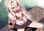  1girl animal_print bikini bikini_under_clothes black_skirt blush breasts brown_bikini candy collared_shirt commentary_request fate/kaleid_liner_prisma_illya fate_(series) food highres illyasviel_von_einzbern leopard_print leopard_print_bikini lollipop long_hair looking_at_viewer open_mouth print_bikini red_eyes shirt sidelocks sitting skirt sleeves_rolled_up small_breasts solo swimsuit uniel_ggg white_hair white_shirt 
