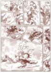  1girl 2boys commentary_request greyscale hat highres jumpsuit long_hair mega_man_(series) mega_man_legends_(series) mega_man_volnutt mko_(artist) monochrome multiple_boys roll_caskett_(mega_man) running science_fiction shirt short_hair smoke thighhighs 