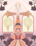  1girl :3 absurdres black_eyes black_hair boqta christianity commentary_request cross deel flower fur-trimmed_robe fur_trim highres jxchoo30 korean_commentary latin_cross light_rays looking_to_the_side mongolian_clothes palms_together praying robe sorghaghtani_(tenmaku_no_jaadugar) stained_glass sunbeam sunlight tenmaku_no_jaadugar wide_sleeves window 