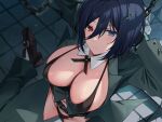  1girl arms_behind_head belt bikini black_belt black_bikini black_shoes blue_eyes blue_hair blush bound bound_wrists breasts chain cleavage furrowed_brow gloves green_jacket green_pants groin hair_between_eyes heterochromia highres hizuki_higure jacket large_breasts long_sleeves looking_at_viewer navel original pants parted_lips red_eyes shoes short_hair sitting solo sweat swimsuit tile_floor tiles voice_drama_available wariza white_gloves 