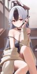  1girl absurdres bare_shoulders black_choker black_dress black_hair black_horns blue_archive blush cellphone chinese_commentary choker commentary_request demon_horns double_strap_slip dress ear_piercing grey_halo grey_jacket hair_between_eyes halo hand_up highres holding holding_phone horns huashengjiang_gan_lao_mian jacket jacket_partially_removed kayoko_(blue_archive) kayoko_(dress)_(blue_archive) long_hair multicolored_hair official_alternate_costume phone piercing purple_wings red_eyes single_wing sitting sitting_on_stairs smartphone solo stairs strap_slip studded_choker studs two-tone_hair white_hair wings 