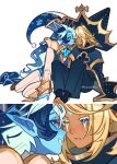  2boys blonde_hair blue_eyes blue_hair commentary cookie_run cookie_run:_kingdom dark_skin english_commentary fuyuchino hat heterochromia highres male_focus multiple_boys open-toe_shoes open_mouth profile pure_vanilla_cookie pure_vanilla_cookie_(truthless_recluse) shadow_milk_cookie shadow_milk_cookie_(sage_of_truth) sitting smile white_hair yaoi yellow_eyes 