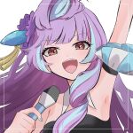  1girl arm_strap armpits black_shirt blue_hair brown_eyes detached_collar flower hair_bun hair_flower hair_ornament highres long_hair looking_at_viewer macross macross_delta mikumo_guynemer multicolored_hair open_mouth portrait purple_flower purple_hair shirt single_hair_bun smile solo strapless strapless_shirt streaked_hair tironeko white_background 