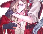  1boy 1girl alcohol alternate_eye_color arms_around_neck blonde_hair blue_eyes breasts cleavage coat commentary english_commentary glass grey_hair hat highres hug light_frown limbus_company lucio_(project_moon) medium_breasts mother_and_child mother_and_son multiple_scars parent_and_child project_moon rianyuuame scar shy simple_background sleeves_rolled_up suspenders valencina_(project_moon) white_background 