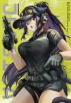  1girl ammunition_pouch animal_ears arknights arktic baseball_cap belt beretta_92 black_gloves black_shirt black_shorts breasts character_name commentary cowboy_shot from_below gloves goggles goggles_on_head gun handgun hat headset high_ponytail highres holster jessica_(arknights) large_breasts long_hair looking_at_viewer military open_mouth ponytail pouch purple_hair revision shirt shorts simple_background solo t-shirt tactical_clothes tactical_gloves tail thigh_holster weapon yellow_background yellow_eyes 