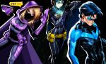  1boy 2girls batgirl batman_(series) belt belt_pouch black_bodysuit black_cape black_hair black_mask blonde_hair blue_eyes blue_mask bodysuit breasts cape cassandra_cain cellphone clenched_hand closed_mouth commentary dc_comics dick_grayson earphones english_commentary english_text eye_mask highres holding holding_phone listening_to_music long_hair looking_at_phone maebiel mask multicolored_bodysuit multiple_girls musical_note nightwing nightwing_symbol phone pouch purple_belt purple_bodysuit shiny_clothes short_hair skin_tight smartphone speech_bubble stephanie_brown superhero_costume two-tone_bodysuit utility_belt yellow_belt 