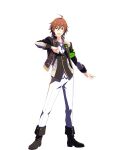  1boy ahoge amagase_touma black_footwear boots brown_hair full_body hair_between_eyes highres idolmaster idolmaster_side-m jewelry male_focus necklace official_alternate_costume open_mouth pants smile solo teeth transparent_background upper_teeth_only white_pants 