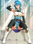  1girl :3 absurdres ahoge armor armpits belt blue_hair blue_tunic boots breastplate commission commissioner_upload fire_emblem fire_emblem:_genealogy_of_the_holy_war gloves gloves_over_elbow_gloves headband highres light_rays looking_at_viewer original pelvic_curtain popped_collar purple_eyes qkat_(arikawa-dou) rock salute sash selia_(mrtalkingdino) short_hair shoulder_armor sidelocks sitting skeb_commission sleeveless solo spread_legs sunbeam sunlight thighhighs tunic white_headband 