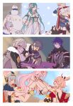  4boys 5girls ahoge aino_(genshin_impact) alyosha_(genshin_impact) beard beer_mug black_gloves blue_hair card character_snowman commentary_request cup dice dog dress earmuffs facial_hair flins_(genshin_impact) flower fur-trimmed_hood fur_trim genius_invokation_tcg genshin_impact gloves grey_hair hair_flower hair_ornament hands_on_own_hips hat head_wings highres holding holding_card hood husky illuga_(genshin_impact) ineffa_(genshin_impact) lab_coat linnea_(genshin_impact) lumi_(genshin_impact) mug multiple_boys multiple_girls mustache nikita_(genshin_impact) norn227667 odette_(genshin_impact) pink_hair pointy_ears polyhedral_dice red_scarf robot_girl scarf smile snowman vision_(genshin_impact) vodyanitsa_(genshin_impact) white_dress wings 
