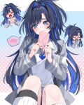  1girl absurdres asymmetrical_legwear averting_eyes black_hair black_socks blazer blue_eyes blue_hair chibi chibi_inset closed_mouth colored_inner_hair commentary english_commentary envelope grey_jacket hair_intakes highres holding holding_envelope hololive hololive_english jacket kneehighs knees_up long_hair mismatched_legwear mogu_(au1127) multicolored_hair open_mouth ouro_kronii ponytail shirt sitting socks spoken_blush virtual_youtuber way_2_u_(ouro_kronii) white_shirt white_socks 