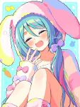  1girl blue_background blue_hair blush border bow closed_eyes collarbone commentary_request double-parted_bangs fang feet_out_of_frame fluffy_clothes hair_between_eyes hair_bow hatsune_miku hatsune_miku_(noodle_stopper)_(rabbit_ear_hood) highres hood hood_up jacket knees_up long_hair long_sleeves low_twintails open_clothes open_jacket open_mouth outline outside_border pink_bow pink_jacket pink_socks purple_bow shirt signature sitting skin_fang sleeve_bow sleeves_past_fingers sleeves_past_wrists socks solo squeans striped_clothes striped_jacket twintails uzuki_sena vocaloid white_border white_outline white_shirt 
