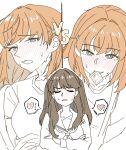  2girls absurdres blue_eyes blush brown_hair charo_pudin33 closed_eyes collarbone commentary_request condom condom_in_mouth condom_wrapper crossed_arms dress fujishima_megumi hair_intakes hair_ornament hasu_no_sora_school_uniform heart highres hinoshita_kaho hinoshita_kaho_(summer_loungewear) korean_text love_live! love_live!_hasu_no_sora_jogakuin_school_idol_club meme_request mixed-language_text mouth_hold multiple_girls neckerchief nose_blush orange_hair partially_colored rabbit_hair_ornament raised_inner_eyebrows sailor_collar sailor_dress school_uniform shirt speech_bubble spoken_heart t-shirt two_side_up vs winter_uniform 