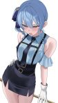  1girl alternate_costume belt black_belt black_necktie black_skirt blue_eyes blue_hair blue_shirt blush borrowed_clothes breasts center_frills chest_harness clothing_cutout collared_shirt commentary_request contrapposto cosplay fawny frills from_above gloves hair_between_eyes hair_ribbon hand_on_own_hip harness high-waist_skirt highres hololive hoshimachi_suisei looking_ahead medium_hair miniskirt necktie oozora_subaru oozora_subaru_(cosplay) oozora_subaru_(police) open_mouth pencil_skirt ribbon shirt shirt_tucked_in short_sleeves shoulder_cutout side_ponytail simple_background skirt small_breasts solo suspender_skirt suspenders sweat virtual_youtuber white_background white_gloves 