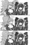  2girls :d absurdres blush bow breasts celestia_ludenberg choker cleavage closed_eyes commentary_request danganronpa:_trigger_happy_havoc danganronpa_(series) drill_hair enoshima_junko gothic_lolita greyscale hand_on_another's_shoulder headdress highres index_finger_raised jacket large_breasts lolita_fashion long_hair long_sleeves meme monochrome multiple_girls necktie nelt open_clothes open_jacket shirt shirt_bow smile twin_drills twintails unamused_friend_comic_(meme) 