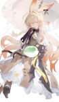  1girl absurdres animal_ears arknights black_gloves black_ribbon blonde_hair brown_dress chinese_commentary commentary_request dress ear_ribbon food frilled_umbrella frills fruit gloves gradient_hair grapes hair_between_eyes hand_up highres holding holding_plate holding_umbrella jacinta_(arknights) long_hair looking_at_viewer multicolored_hair parasol plate rabbit_ears rabbit_girl ribbon simple_background solo star_(symbol) teketi umbrella very_long_hair white_background white_umbrella yellow_eyes 