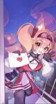  1girl :d absurdres angelina_(arknights) angelina_the_mellow_wish_(arknights) animal_ear_fluff animal_ears arknights black_collar black_gloves black_hairband breasts brown_eyes brown_hair chinese_commentary collar commentary_request cowboy_shot detached_sleeves dress fang floating_hair fox_ears fox_girl gloves hair_between_eyes hair_floating_upwards hairband hand_up highres holding holding_letter infection_monitor_(arknights) letter long_hair long_sleeves looking_at_viewer multicolored_hairband open_mouth outdoors pleated_dress skin_fang sky smile solo twintails two-tone_hairband very_long_hair waving white_dress xiao_neng_mao_mao 