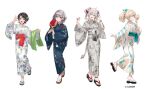  4girls animal_ears black_hair blonde_hair closed_mouth commentary_request full_body green_eyes grey_hair hair_ornament hairband hand_fan hand_up holding hololive ice_cream_cone japanese_clothes kazama_iroha kimono lion_ears lion_girl long_sleeves looking_at_viewer medium_hair multiple_girls nonomaro obi official_art okobo oozora_subaru open_mouth platform_sandals ponytail print_kimono sandals sash shirogane_noel shishiro_botan short_hair simple_background smile standing standing_on_one_leg tail tongue tongue_out virtual_youtuber white_background white_hairband wide_sleeves yukata zouri 