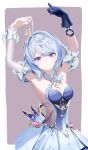  1girl armpits arms_up blue_eyes blue_gloves blue_hair blue_leotard breasts brown_background catharumaki commentary_request cowboy_shot detached_collar expressionless fur-trimmed_collar fur_trim genshin_impact gloves hair_intakes highres leotard looking_at_viewer odette_(genshin_impact) purple_eyes sidelocks simple_background single_glove skirt small_breasts solo white_skirt 