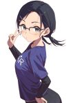  1girl absurdres ahiru_miku black_hair blue_eyes blue_shirt commentary_request forehead from_side glasses grey-framed_eyewear hair_ornament hairclip hand_up highres layered_sleeves long_sleeves medalist_(manga) niwatorimushi parallel_hairclips parted_bangs semi-rimless_eyewear shirt short_over_long_sleeves short_sleeves short_twintails simple_background solo t-shirt twintails v white_background 