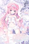  1girl ahoge animal_ears baby_animal bad_source bare_shoulders barefoot bloomers blush bow bow_bloomers braid breasts camisole character_name choker dog dog_ears dog_girl dog_tail eye_mask feet flower groin hair_ornament hairclip highres indie_virtual_youtuber kneeling legs_apart long_hair looking_at_viewer mask navel open_mouth pink_eyes pink_hair puppy rabbit small_breasts smile stomach strap_slip tail thighs toes tsukimi_(xiaohuasan) usaki_nono white_bloomers white_camisole 