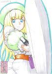  1girl akimiyaiori belt_pouch blonde_hair blue_eyes breasts commentary_request dated detached_sleeves dress frilled_skirt frilled_sleeves frills gloves greatsword green_hat hair_ornament hairclip hat highres holding holding_weapon large_breasts long_hair looking_at_viewer marker_(medium) pointing pointing_at_viewer pouch puffy_detached_sleeves puffy_sleeves ribbon-trimmed_dress ribbon-trimmed_gloves ribbon_trim senran_kagura simple_background skirt solo sword traditional_media very_long_hair weapon white_background white_gloves yomi_(senran_kagura) 