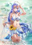  1girl absurdres aqua_eyes aqua_nails bikini blue_hair blush breasts cleavage collarbone commentary english_commentary fingernails hair_between_eyes hair_intakes hair_ornament head_wings highres honkai:_star_rail honkai_(series) large_breasts long_hair looking_at_viewer moehime nail_polish navel o-ring o-ring_bikini open_mouth robin_(honkai:_star_rail) robin_(summeretto)_(honkai:_star_rail) shell shell_hair_ornament smile solo stomach swimsuit upper_body white_bikini wings 
