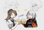  2girls :d alcohol beer beer_mug black_coat brown_hair closed_eyes coat commentary cup drinking english_text he_(minty) holding holding_cup library_of_ruina limbus_company long_sleeves mug multiple_girls myo_(project_moon) necktie olga_(project_moon) ponytail project_moon red_eyes shirt short_hair sleeves_rolled_up smile toasting_(gesture) upper_body white_hair white_shirt 