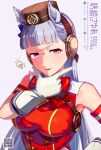  1girl animal_ears armband blunt_bangs blush bow breasts brown_hat commentary dress ear_bow ear_ribbon gloves gold_ship_(red_strife)_(umamusume) gold_ship_(umamusume) grey_hair hat highres horse_ears horse_girl large_breasts light_bulb long_hair looking_at_viewer parted_lips pillbox_hat purple_eyes red_bow red_dress sayuasakura sleeveless sleeveless_dress solo striped_armband striped_clothes umamusume untranslatable_commentary white_gloves 