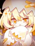  1girl bandaid blonde_hair blush commentary_request dot_nose egg_(food) food hair_between_eyes half-closed_eye hands_up hat long_hair long_sleeves looking_at_viewer original parted_lips personification shirt sleeves_past_fingers sleeves_past_wrists solo tears upper_body white_hat white_shirt yellow_eyes yoame_(hoshizukiyoru) 