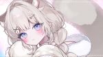  1girl animal_ear_fluff animal_ears blue_eyes blue_pupils blunt_bangs blush braid cat_ears close-up closed_mouth commentary_request commission eyelashes fish_skeleton_hair_ornament hair_intakes hair_ornament head_tilt highres long_hair looking_at_viewer original rabbit_hair_ornament skeb_commission solo white_hair x_hair_ornament yuiki_yuu 
