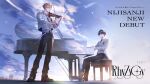  2boys black_pants black_shoes blonde_hair blue_eyes blue_hair blue_sky chair cityscape cloud collared_shirt commentary copyright_name day ear_chain earclip english_text grey_eyes group_name highres holding holding_instrument holding_violin instrument iwamoto_zerogo jacket kaminaga_taiga lens_flare linked_piercing long_sleeves male_focus multiple_boys nijisanji official_art on_chair open_clothes open_jacket outdoors pants piano piercing playing_instrument playing_piano shirt shoes short_hair sitting sky sleeves_rolled_up smile standing suit tailcoat translated violin virtual_youtuber white_jacket white_shirt white_suit yamada_ryuichiro 