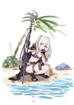  1girl absurdres bare_legs beach belt bikini blush breasts brown_eyes brown_gloves cleavage commentary_request female_robin_(fire_emblem) female_robin_(seaside_tactician)_(fire_emblem) fire_emblem fire_emblem_awakening fire_emblem_heroes gloves grey_hair highres jewelry long_hair looking_at_viewer medium_breasts navel necklace o-ring o-ring_bikini official_alternate_costume open_mouth palm_tree polearm purple_bikini robe shell smile solo starfish swimsuit tpicm tree trident twintails underboob weapon 