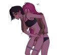  2girls alien_stage black_bra black_hair black_panties blush bra breasts brown_shirt commentary hand_on_another's_neck heart highres kiss kissing_neck long_hair lukamiku390 medium_breasts mizi_(alien_stage) multiple_girls panties panty_pull pink_hair purple_eyes purple_panties reach-around shirt short_hair simple_background sua_(alien_stage) sweat underwear white_background yuri 