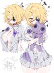  1girl ? @_@ a73398190 absurdres ass_visible_through_thighs blonde_hair blush bow bow_panties breasts buttons covering_breasts covering_privates don_quixote_(project_moon) dress_shirt e.g.o_(project_moon) eyepatch highres hugging_doll hugging_object i'll_go_fer_scissors._how_'bout_you?_(e.g.o) large_breasts large_buttons limbus_company multiple_views nail_(hardware) no_bra orange_eyes panties project_moon shirt solo speech_bubble spoken_question_mark spoken_squiggle squiggle stitched_arm stitched_torso stitches striped_clothes striped_panties stuffed_animal stuffed_toy thick_thighs thighs unbuttoned unbuttoned_shirt underwear white_background white_panties 
